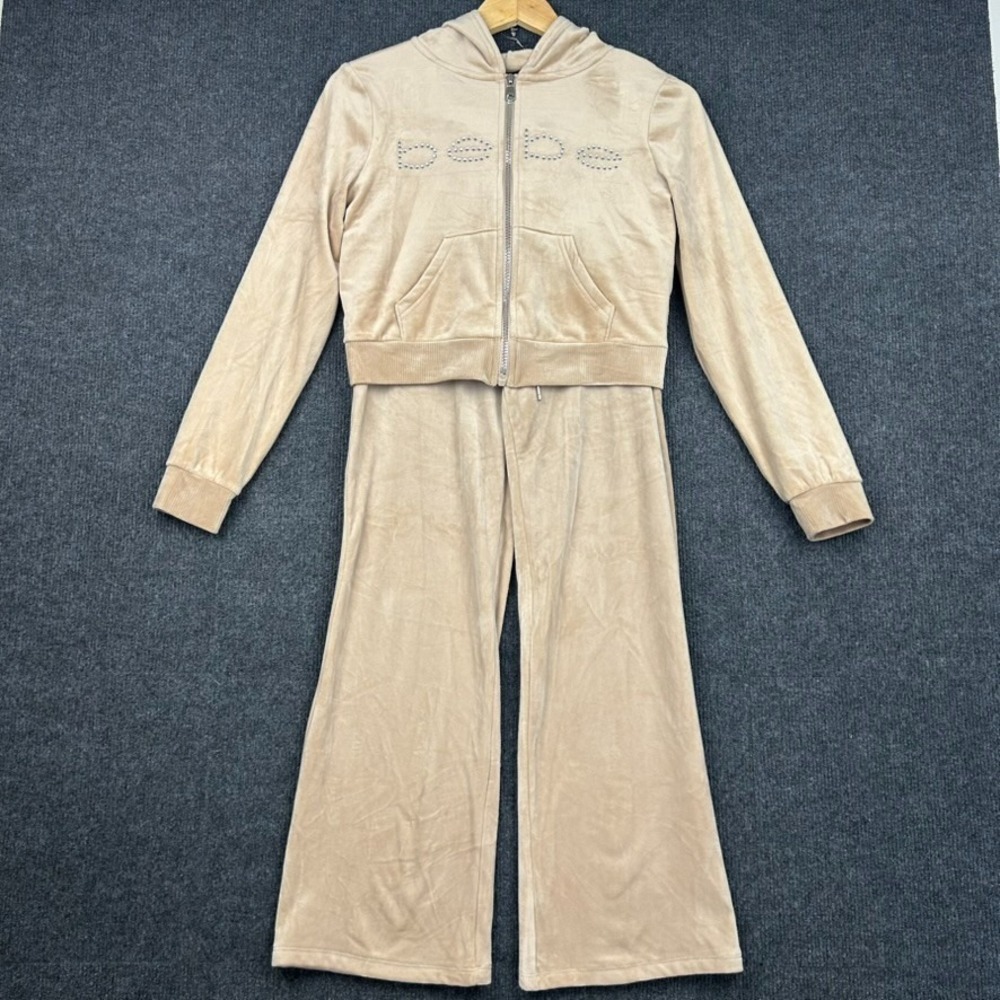 bebe Beige Velour Tracksuit Zip Up Hoodie Rhinestone 'bebe' Spell Out - Medium